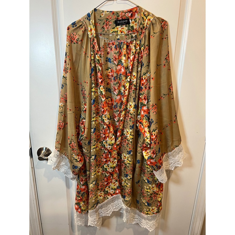 Relipop Women Kimono Cardigan Floral Crochet Lace Tan 4XL